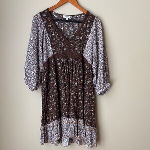 Umgee Bohemian Y2K babydoll Festival Brown and Cream Floral Dress - Small